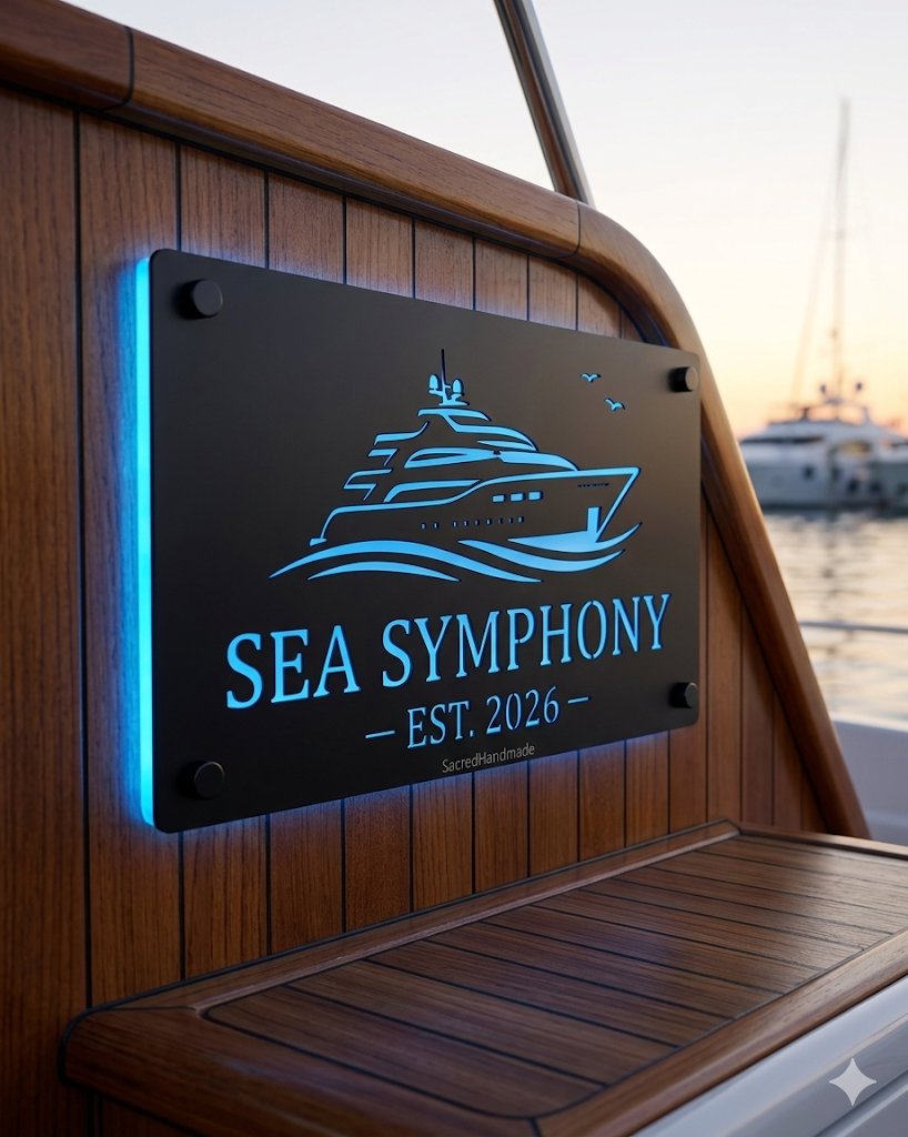 Custom boat name sign with LED backlight matte black metal 10 year warranty