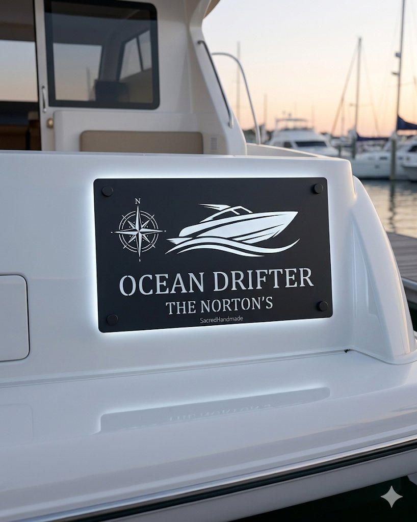 Marine grade carbon steel yacht name plate laser cut detail