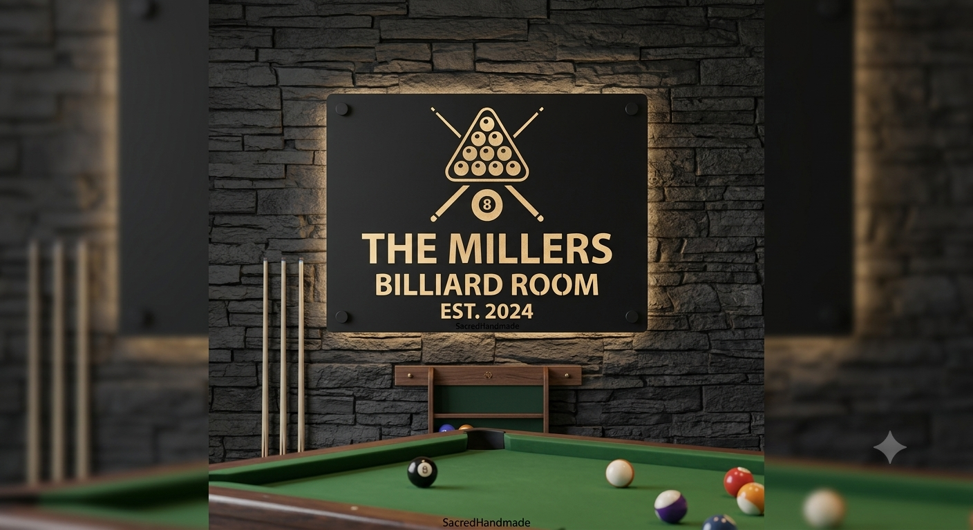 Personalized Billiard Room Laser Cut Carbon Steel Wall Sign – Custom Name & Design, Powder Coated Finish, Gift for Dad, Father's Day & Christmas