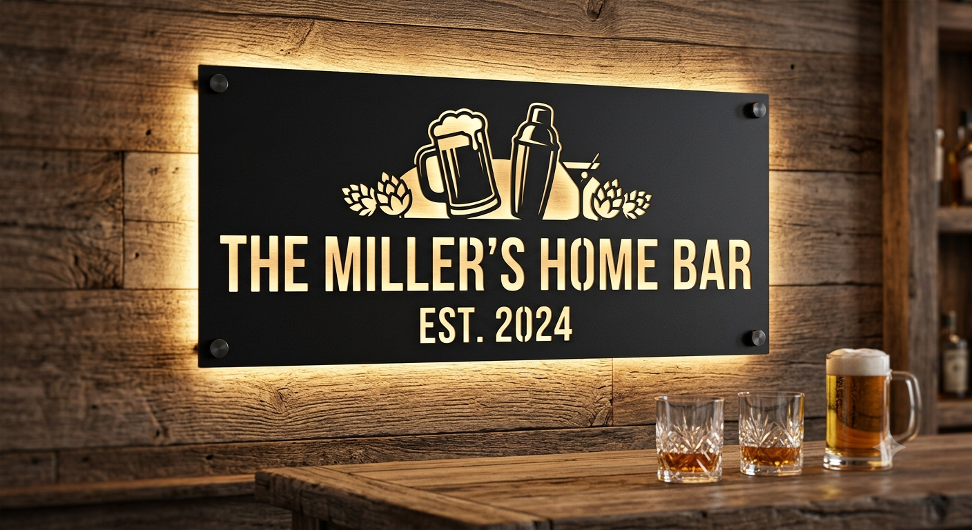 Personalized Home Bar Laser Cut Carbon Steel Wall Sign – Custom Name & Design, Powder Coated Finish, Gift for Dad, Father's Day & Christmas