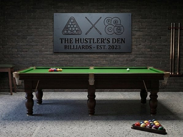 Personalized Billiard Room Laser Cut Carbon Steel Wall Sign – Custom Name & Design, Powder Coated Finish, Gift for Dad, Father's Day & Christmas