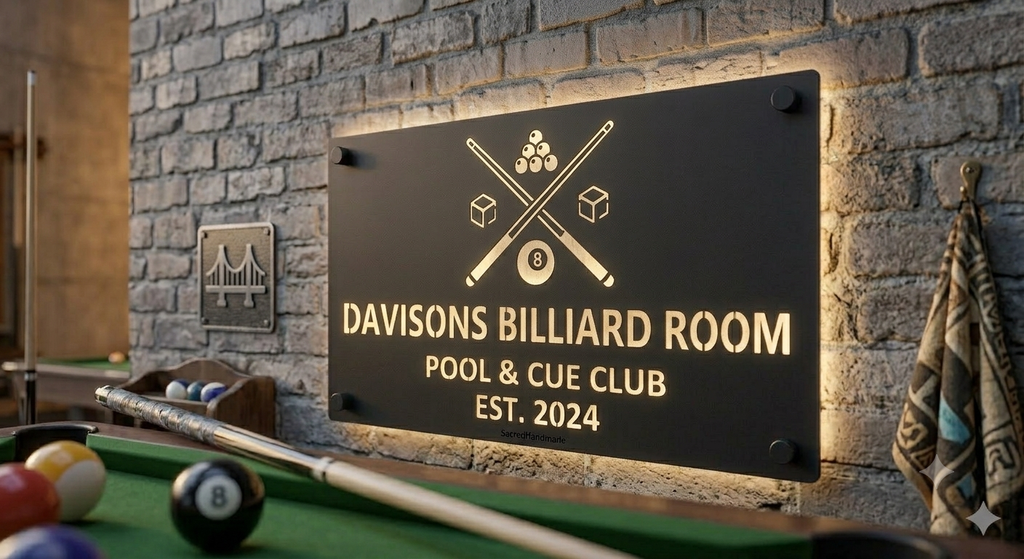Personalized Billiard Room Laser Cut Carbon Steel Wall Sign – Custom Name & Design, Powder Coated Finish, Gift for Dad, Father's Day & Christmas