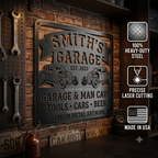 Personalized Garage Laser Cut Carbon Steel Wall Sign – Custom Name & Design, Powder Coated Finish, Gift for Dad, Father's Day & Christmas