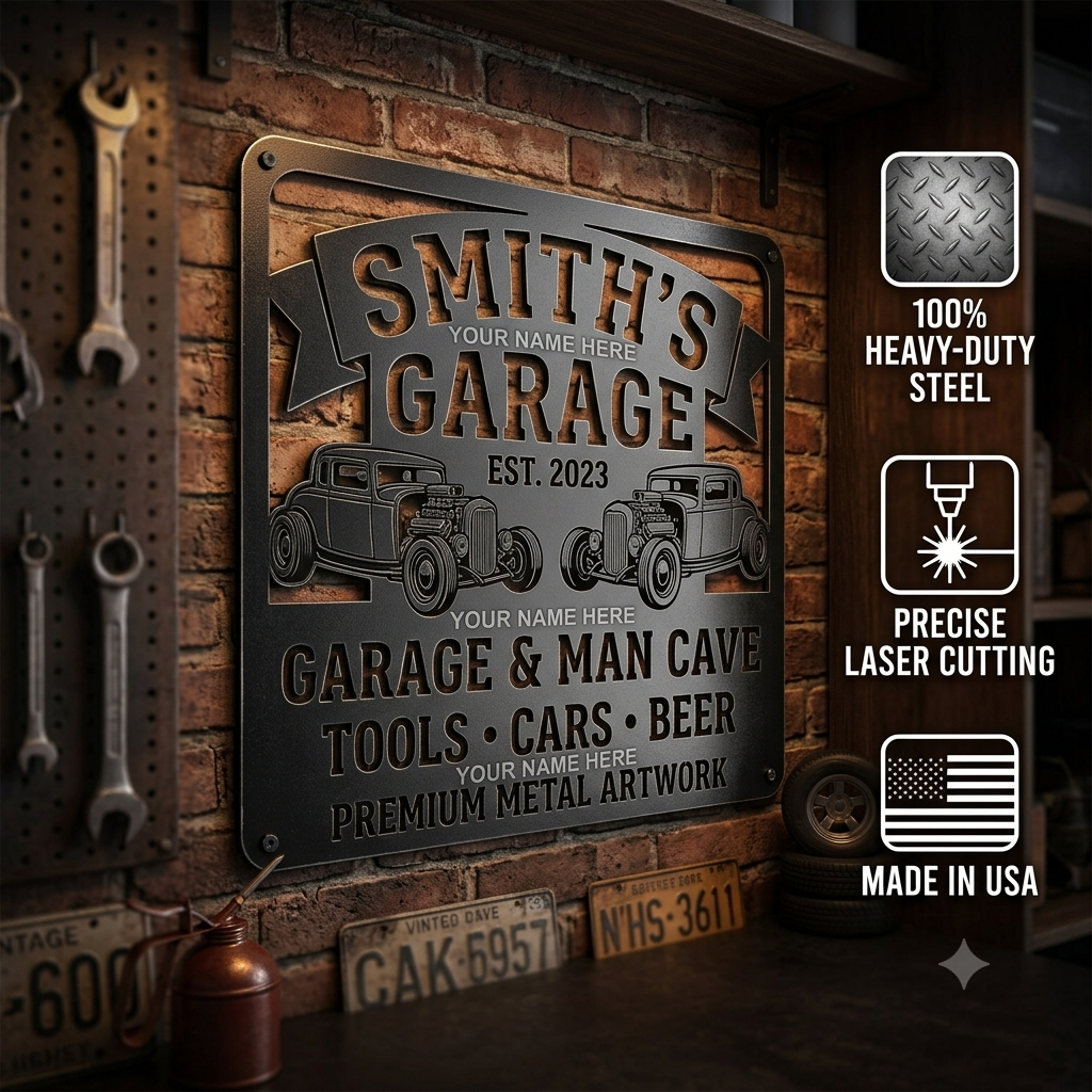 Personalized Garage Laser Cut Carbon Steel Wall Sign – Custom Name & Design, Powder Coated Finish, Gift for Dad, Father's Day & Christmas