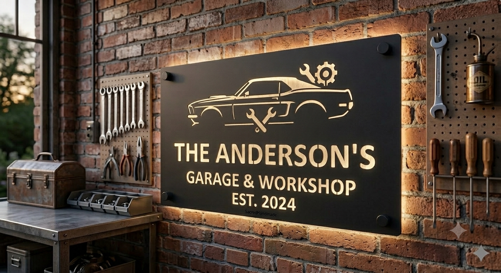 Personalized Garage Laser Cut Carbon Steel Wall Sign – Custom Name & Design, Powder Coated Finish, Gift for Dad, Father's Day & Christmas