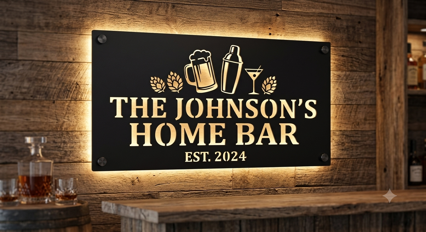 Personalized Home Bar Laser Cut Carbon Steel Wall Sign – Custom Name & Design, Powder Coated Finish, Gift for Dad, Father's Day & Christmas