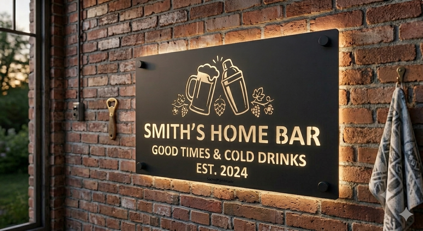 Personalized Home Bar Laser Cut Carbon Steel Wall Sign – Custom Name & Design, Powder Coated Finish, Gift for Dad, Father's Day & Christmas
