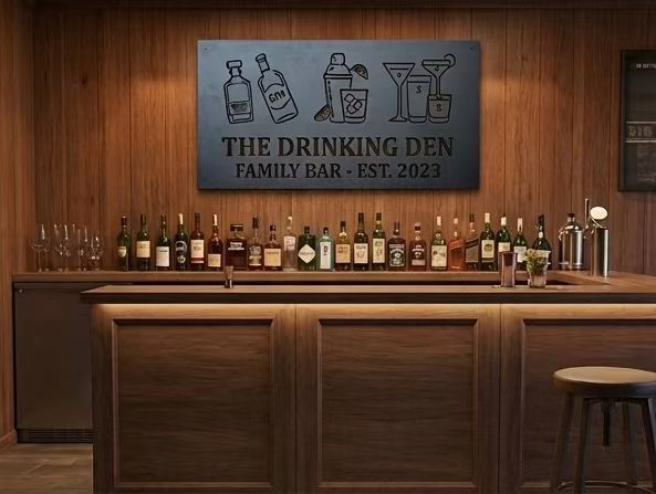 Personalized Home Bar Laser Cut Carbon Steel Wall Sign – Custom Name & Design, Powder Coated Finish, Gift for Dad, Father's Day & Christmas