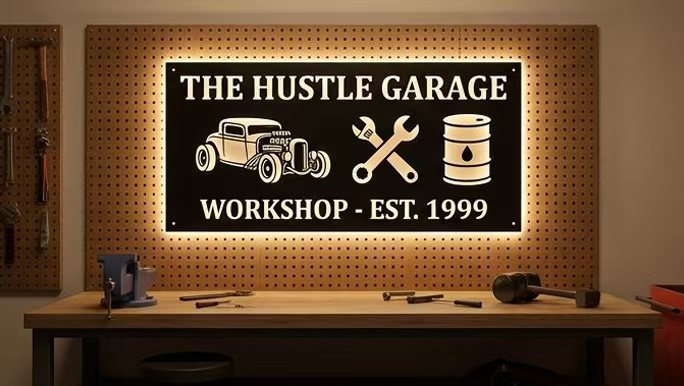 Personalized Garage Laser Cut Carbon Steel Wall Sign – Custom Name & Design, Powder Coated Finish, Gift for Dad, Father's Day & Christmas