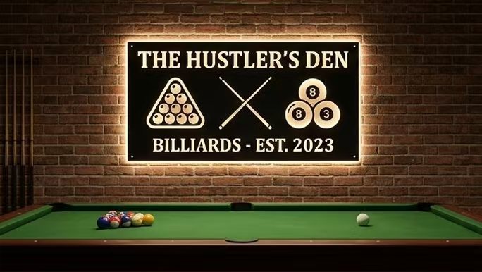 Personalized Billiard Room Laser Cut Carbon Steel Wall Sign – Custom Name & Design, Powder Coated Finish, Gift for Dad, Father's Day & Christmas