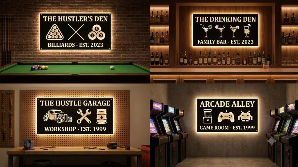 Personalized Laser Cut Carbon Steel Sign – Custom Name, Design & Shape, LED Backlit Matte Black Wall Sign, Gift for Dad & Him, Christmas & Housewarming