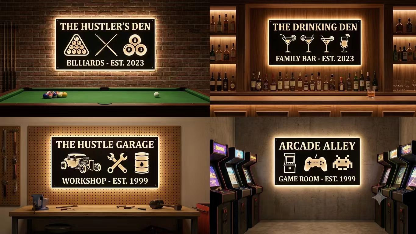Personalized Laser Cut Carbon Steel Sign – Custom Name, Design & Shape, LED Backlit Matte Black Wall Sign, Gift for Dad & Him, Christmas & Housewarming